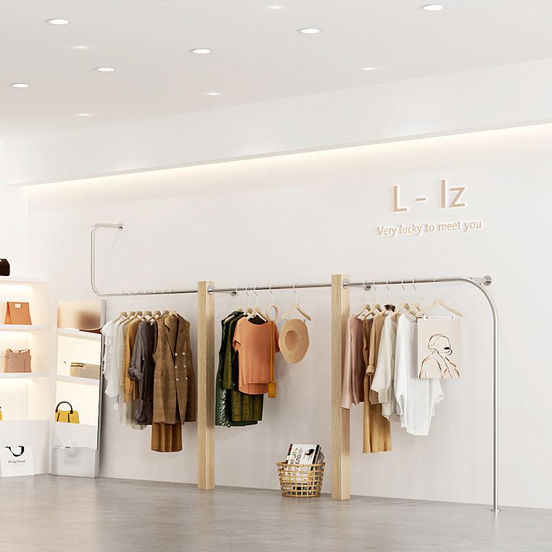 不锈钢挂衣架实木衣服架服装店展示架陈列架女装店货架上墙