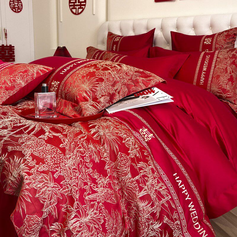 新中式结婚纯棉四件套喜庆红色婚庆全棉床单被套陪嫁床上用品