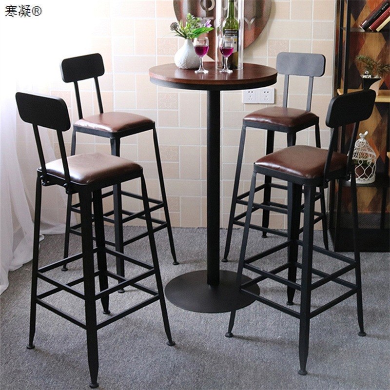 铁艺复古高脚椅吧台凳实木桌椅组合酒吧高吧椅小圆方桌皮凳