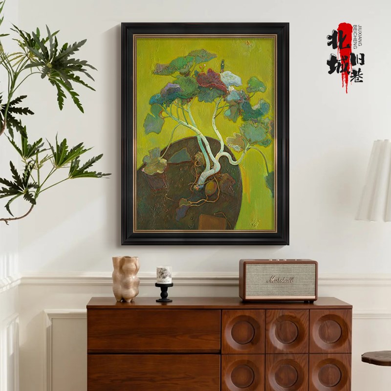 玄关中古风客厅金莲手绘油画沙发背景墙挂画高级感餐厅中式装饰画图片