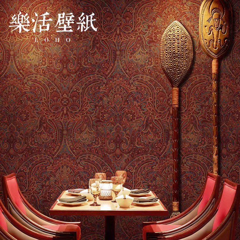 复古美式田园大花红色无纺布墙纸藏式客厅卧室酒店背景壁纸异域风