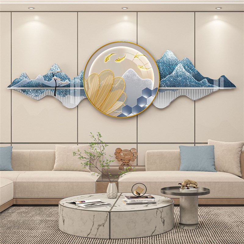 新中式别墅大厅背景墙装饰画客厅电视背景壁画山水画麋鹿沙发挂画图片