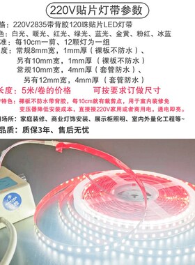 家装220V贴片白光自粘灯带220V家用白色红绿蓝金黄粉红冰蓝软灯条