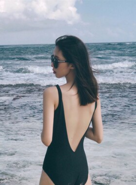 【特价】黑色简约露背性感V领温泉沙滩度假泳装连体泳衣女