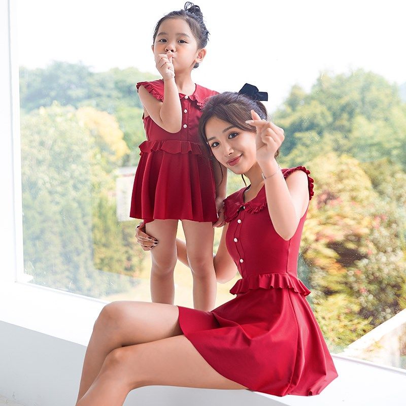 新款红色亲子泳衣母女分体裙式女孩女童公主游泳衣沙滩温泉泳装