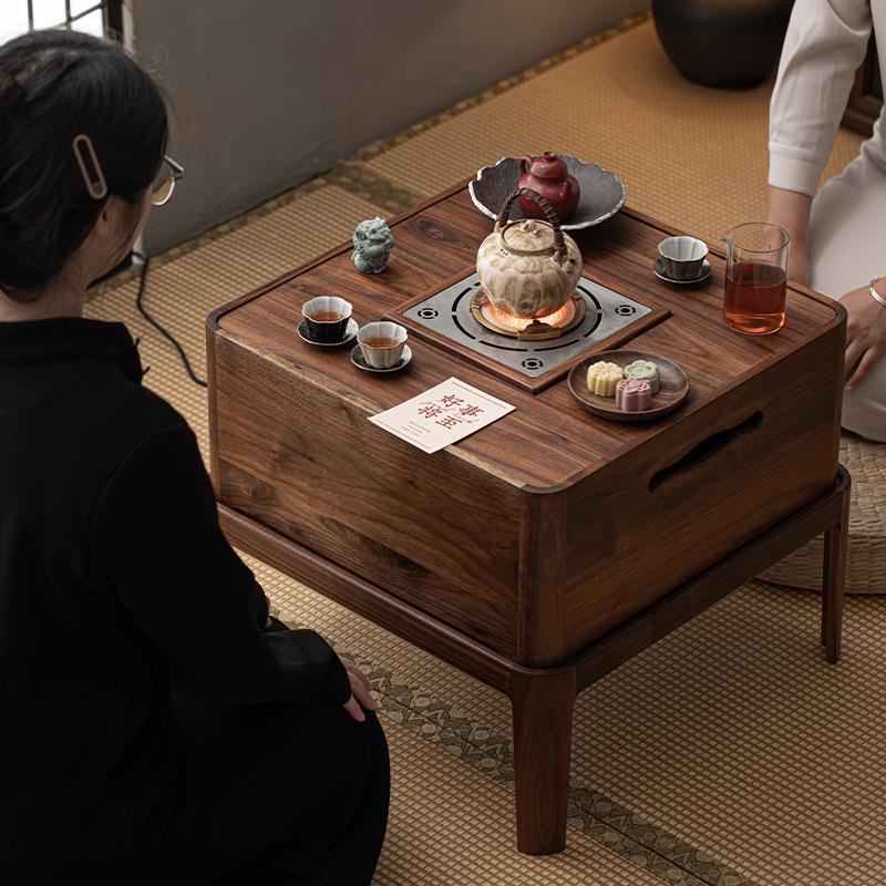 胡桃木实木围炉炭烤煮茶茶桌中式复古茶道榻榻米烧水茶炉火钵碳炉