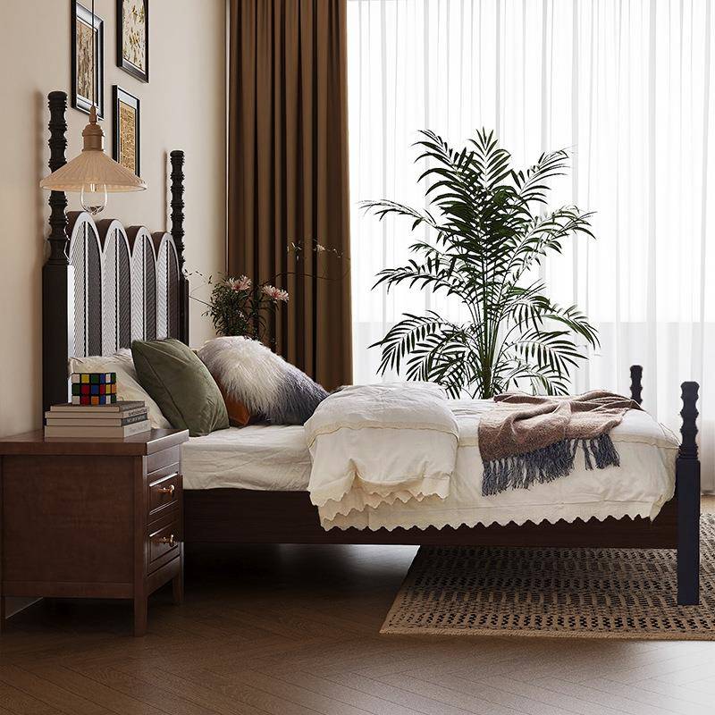 M法式复古橡胶木婚床实木床现代简约美式床客厅床主卧双人床大气