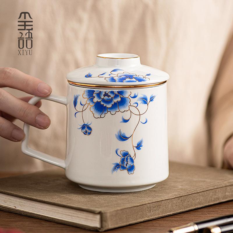 德化白瓷马克杯带盖家用办公室大容量茶水分离陶瓷杯办公杯泡茶杯