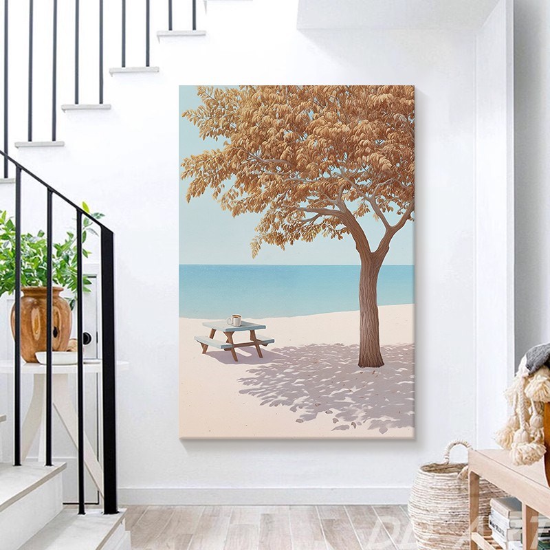 治愈系海边风景手绘油画蓝色大海客厅装饰画现代简约玄关大树挂画图片