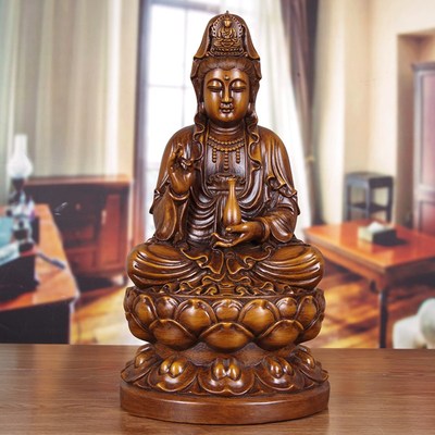 实木雕观音摆件大号黑檀木质坐莲观世音菩萨神像家用供奉观音佛像
