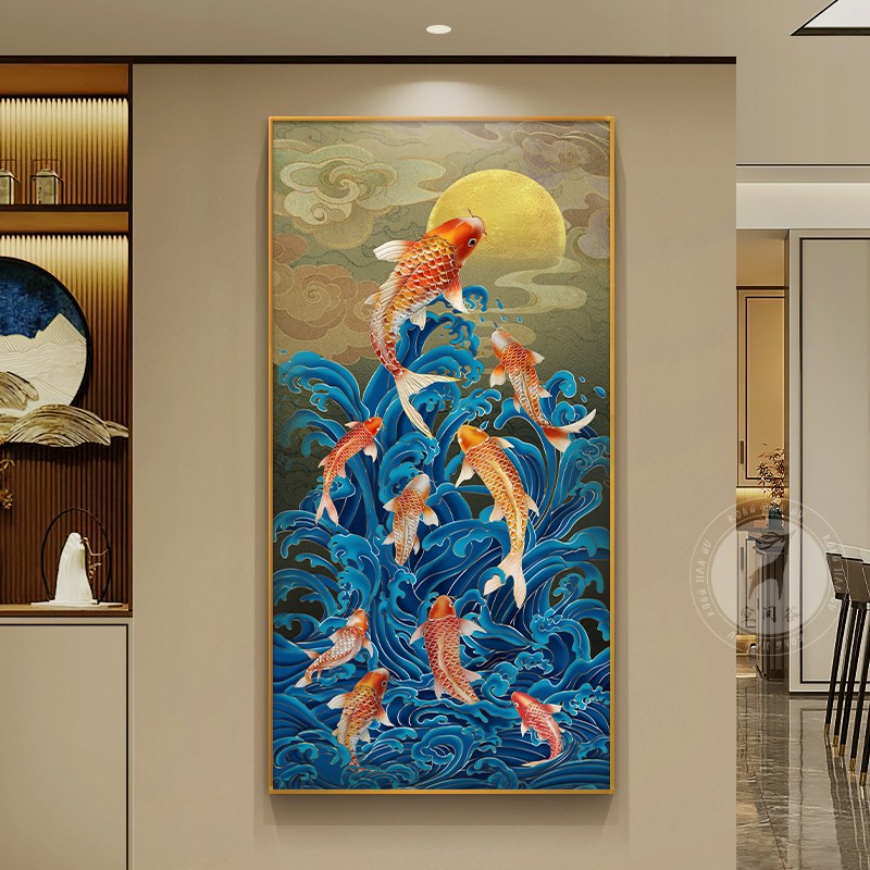 九鱼聚财图入户玄关装饰画正对门壁画中式走廊过道背景墙挂画
