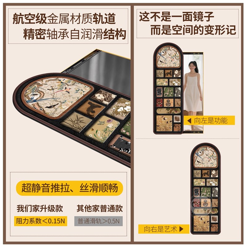 2025新款穿衣镜装饰画中古风可推拉墙上试衣镜家用客厅全身镜挂画