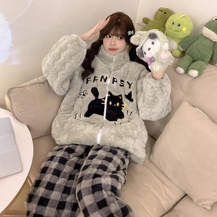 冬季新款卡通黑猫三层夹棉加厚睡衣女可爱少女保暖可外穿家居服