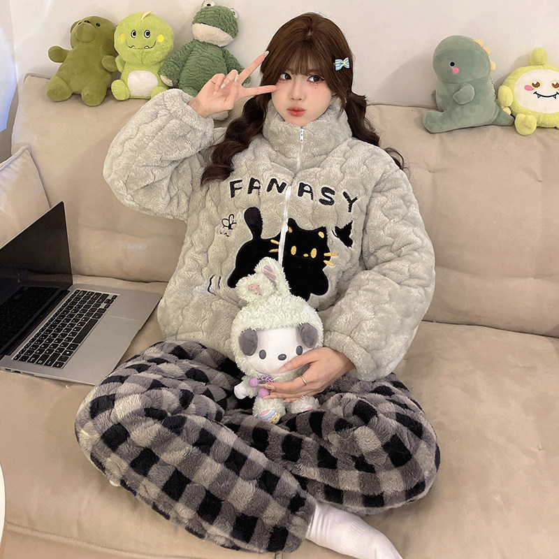 三层铺棉睡衣冬季新款加绒加厚睡衣家居服套装珊瑚绒睡衣发热衣裤