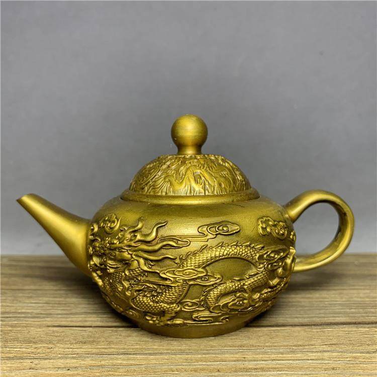 古玩老物件老铜双龙戏珠铜茶壶精工鎏金铜壶水酒壶古董收藏小摆件