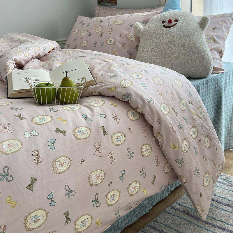 新长绒棉印花四件套亲肤柔软纯棉被套床单款小清新全棉三件套