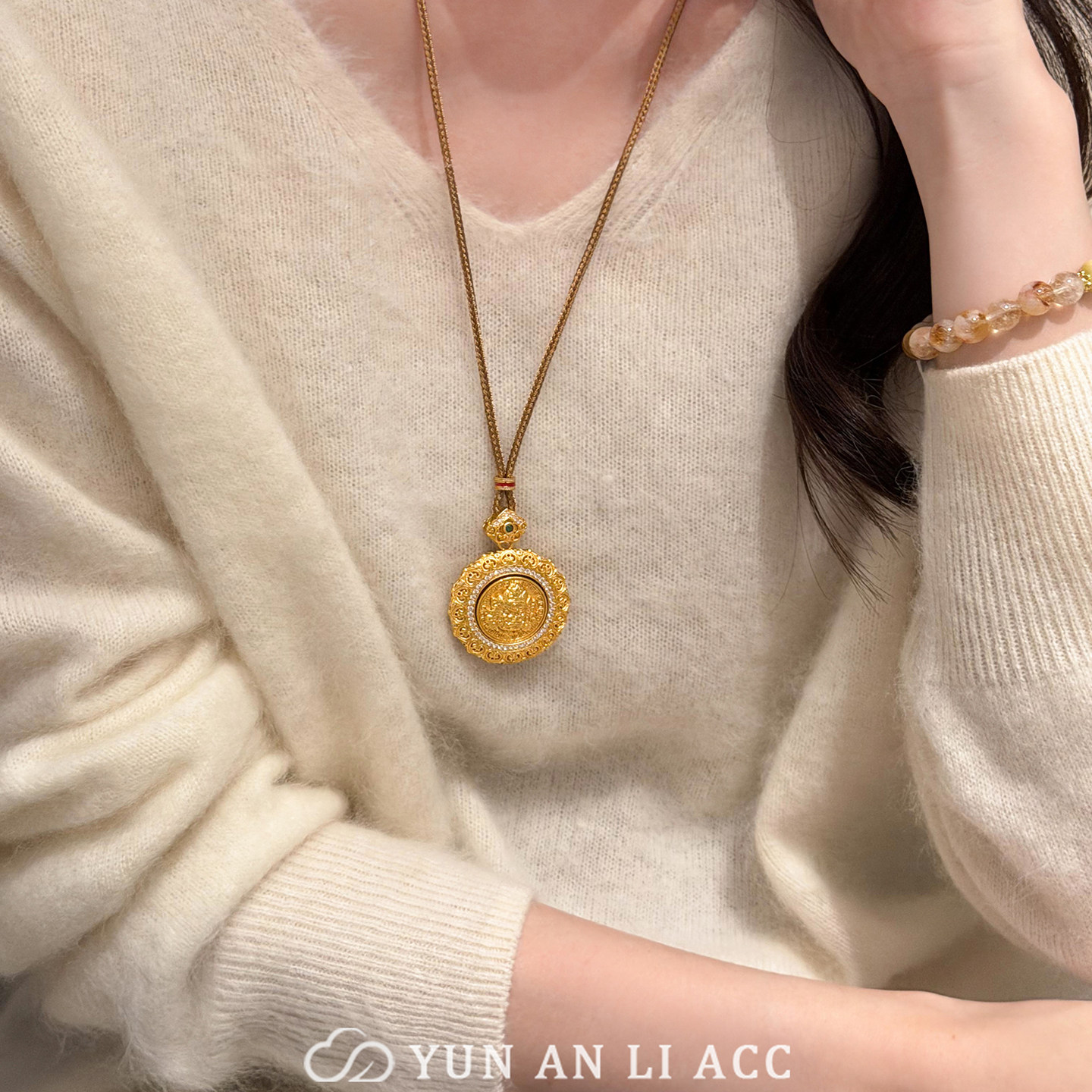 新中式沙金八宝罗盘项链毛衣链女