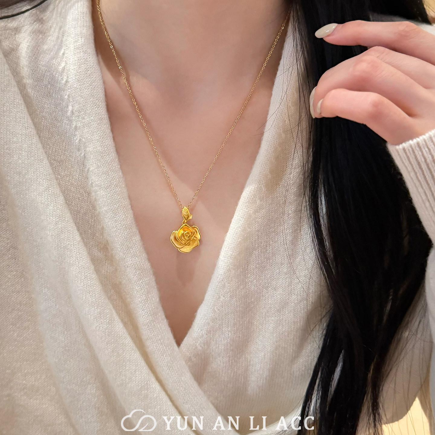 沙金永生花吊坠项链精致锁骨链女