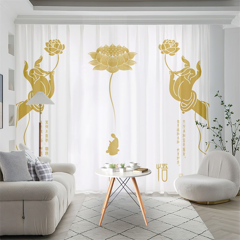 新中式荷花窗帘遮光中国风古典佛堂佛系禅意茶室莲花图案纱帘纱幔