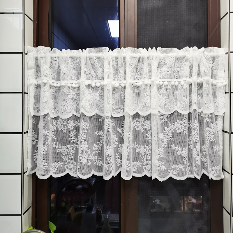 布艺蕾丝厨房半帘隔断帘咖啡帘门帘美式白色田园底边波浪短帘
