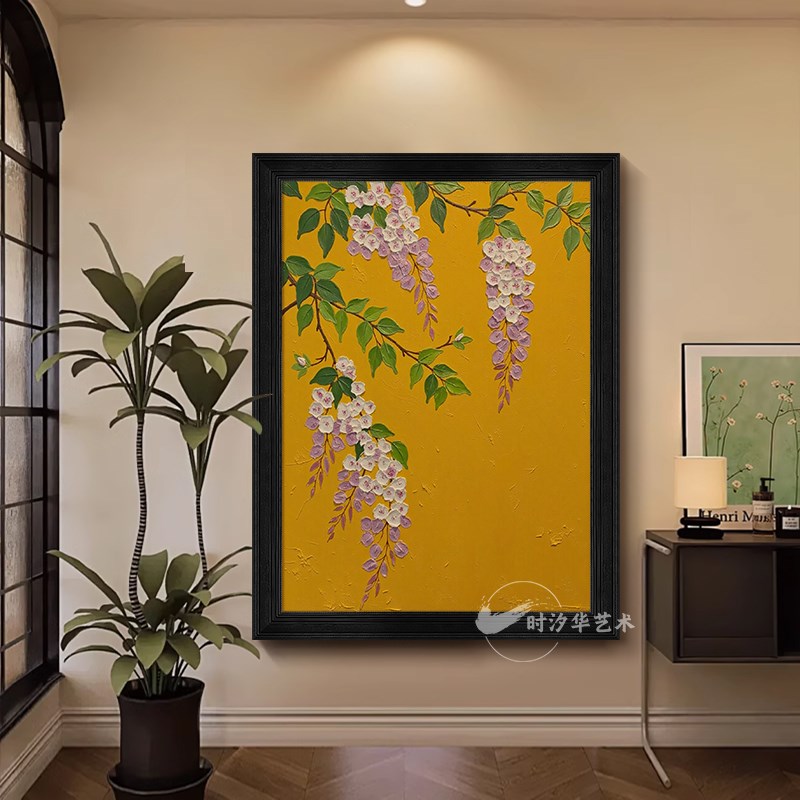 中古风玄关手绘油画植物花卉肌理装饰画法式复古客厅走廊过道挂画图片