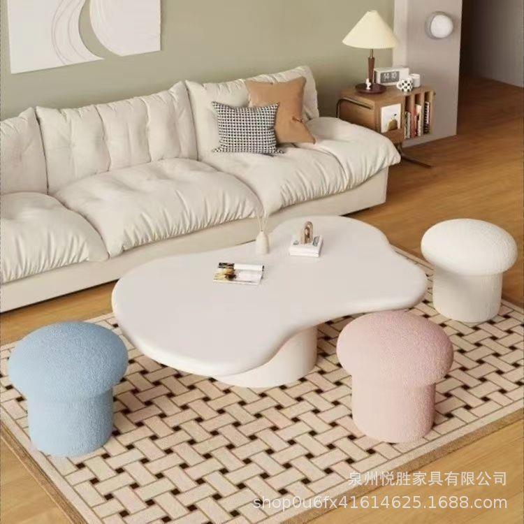 奶油白色沙发小凳子可爱羊绒布蘑菇凳家用小板凳成人矮凳茶几圆凳