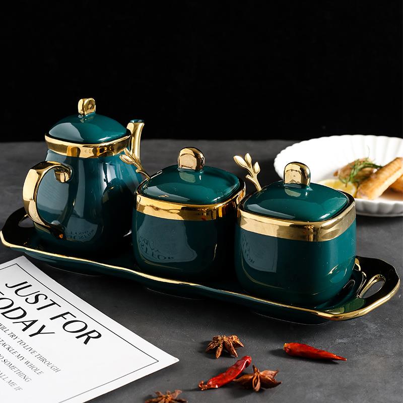 欧式陶瓷调味罐套装创意家用厨房三件套醋壶油壶调料盒带托盘套装