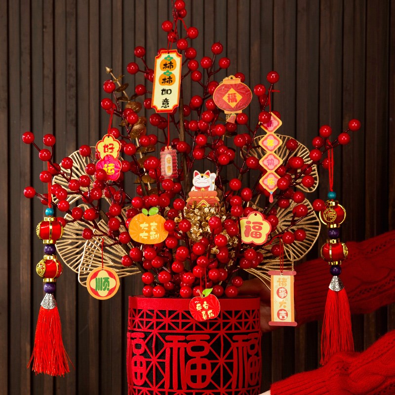 2025元旦春节装饰用品发财果仿真花新蛇年送礼物福桶插花布置摆件