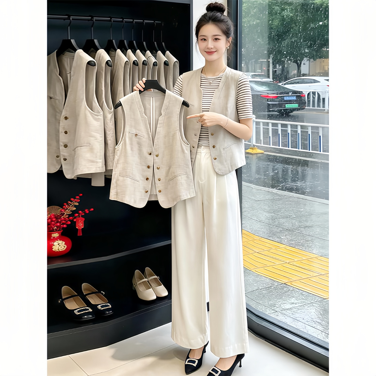 （现货）亚麻V领西装马甲背心女马夹