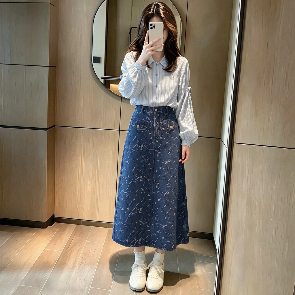 翻领系带衬衣套装女2026秋季新款印花牛仔中长半身裙两件套