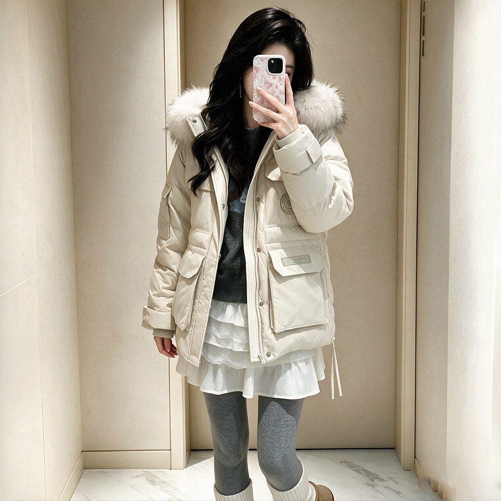 徽章装饰工装棉服女2026冬季新款大毛领连帽抽绳收腰多口袋外套