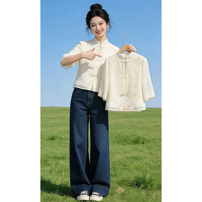 新中式刺绣七分袖短袖雪纺衬衫女士夏季2026新款爆款国风短款上衣