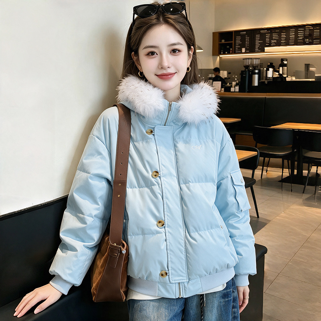 浅蓝色连帽毛领外套女冬季新款横绗缝短款宽松口袋装饰外穿上衣