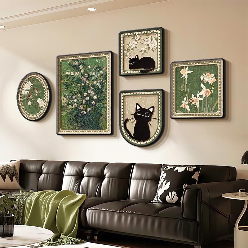 中格沙发背景墙挂画绿色覆古客厅装饰画猫小生境创意组合画