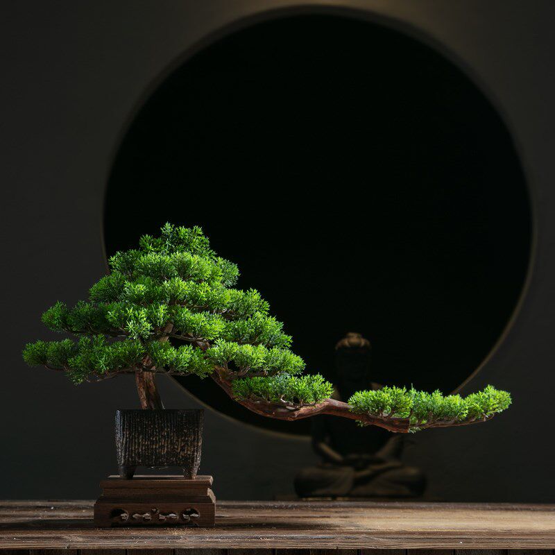 仿真绿植迎客松花件新中方客厅式几摆架餐厅电视柜茶室创意装饰品