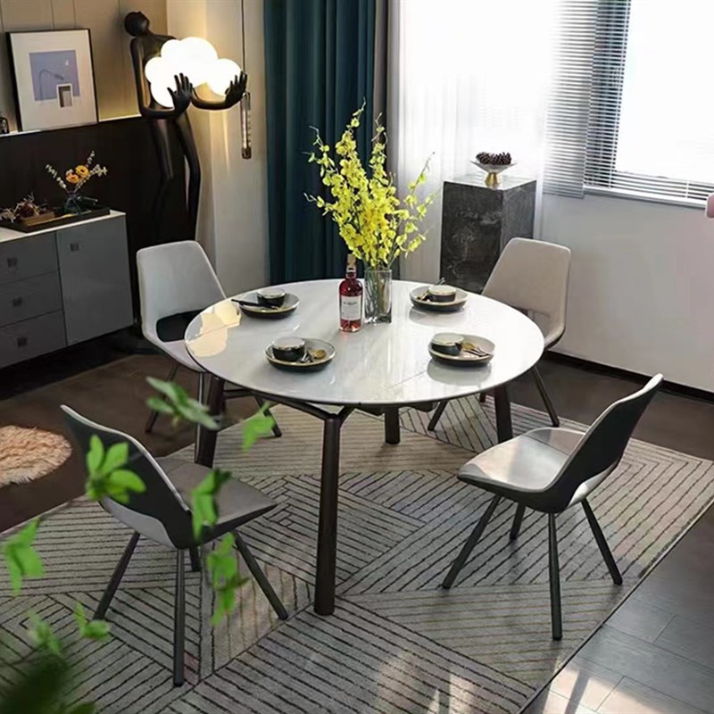 现代简约经奢一桌六椅餐桌大小户型功能摺叠岩板西餐家用圆台