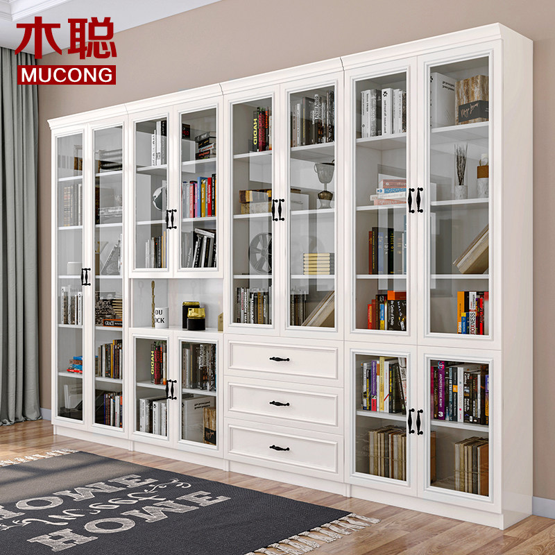 现简约落地书柜带玻璃门书架组合储物柜收纳柜书房书橱实木靠墙,住宅家具,组合书柜,淘宝优惠券,粉丝福利购,淘宝优惠卷