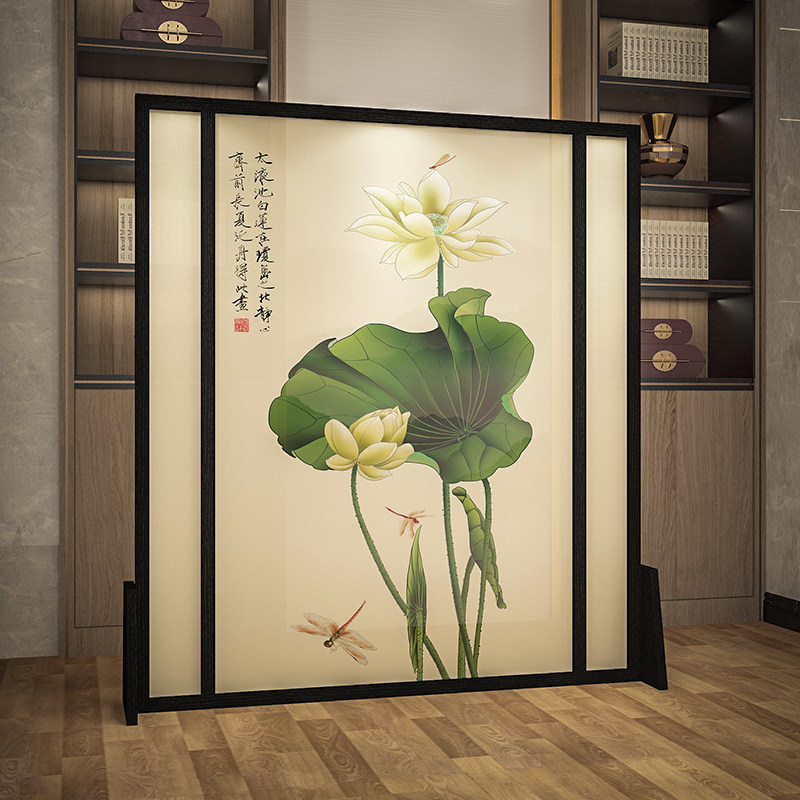 木中式实新座屏屏风入户装厅隔断玄关客饰定制移动背景墙荷花