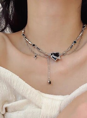 甜美黑锆石爱心耳钉女小众设计高级感耳环2024年新款潮耳饰锁骨链