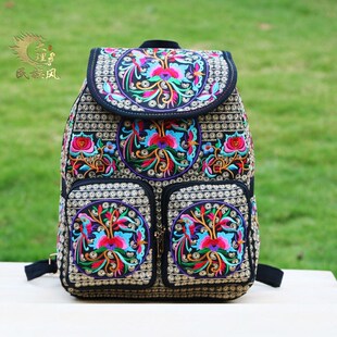 新款民族风刺绣多口袋双肩包女帆布包女士休闲旅行背包学生书包