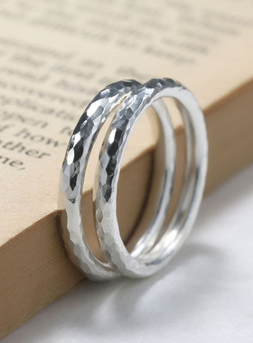 锤纹戒指男999纯银手工定制情侣对戒闭口素圈尾戒女刻字实心戒指