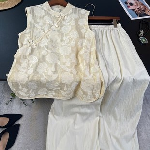 今年流行的女装套装女夏2025新中式国风盘扣刺绣上衣阔腿裤两件套