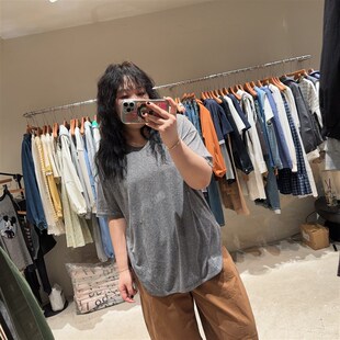 韩版宽松大码女装U型大领口中长款圆弧摆短袖t恤打底衫上衣/8505