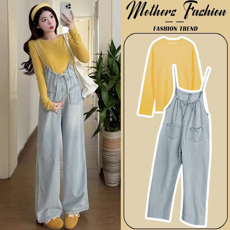 孕妇套装2025新款春秋时尚洋气时髦宽松黄色上衣牛仔背带裤两件套,孕妇装/孕产妇用品/营养,连衣裙,淘宝优惠券,粉丝福利购,淘宝优惠卷