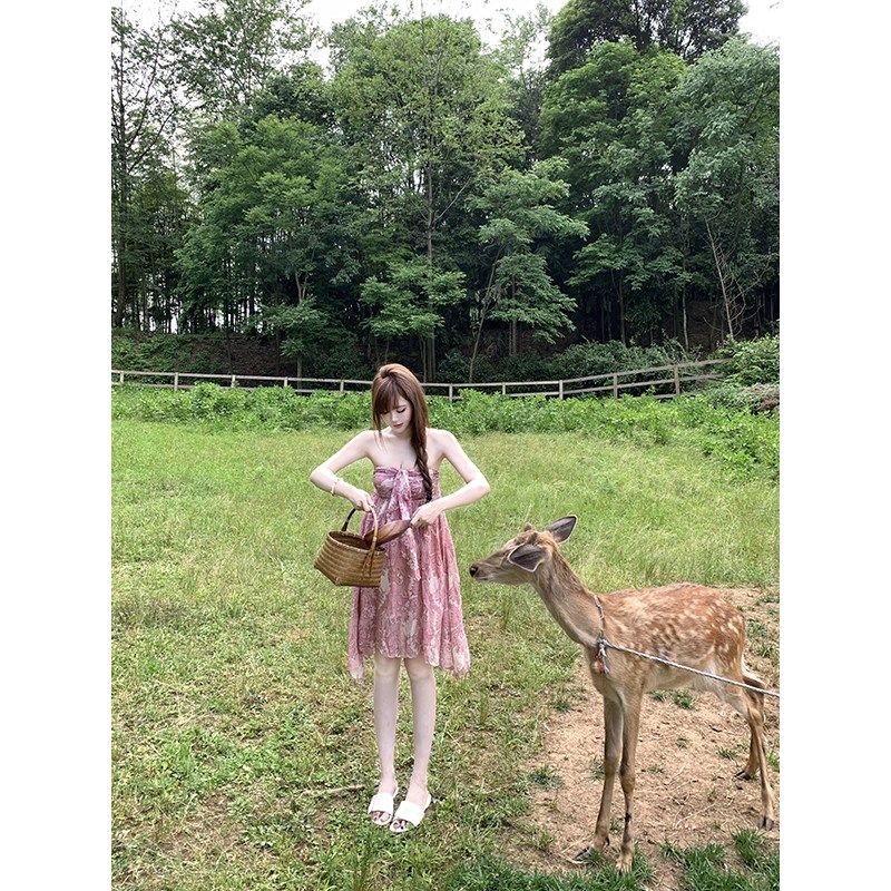 With 99jiu【樱雾】粉色抹胸印花连衣裙女夏度假风挂脖显瘦碎花裙,女装/女士精品,连衣裙,淘宝优惠券,粉丝福利购,淘宝优惠卷