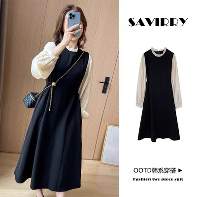 哺乳衣外出辣妈款秋装外穿假两件长袖洋装遮肚春秋收腰显瘦哺乳