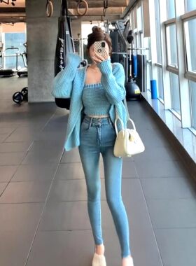 两粒扣高腰牛仔裤女春夏韩版浅蓝色弹力紧身显瘦九分铅笔小脚裤子