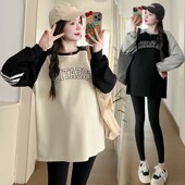 套装 卫衣春季 时尚 中长款 T恤拼接假两件女潮妈200斤 大码 长袖 孕妇装