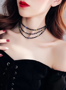 多层黑色项链暗黑小众锁骨链颈饰礼服配饰网红叠戴项链短款颈链女