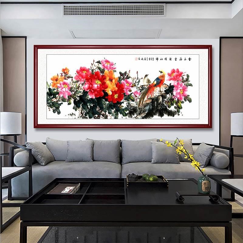 花开富贵挂画新中式客厅沙发背景墙装饰画招财牡丹花鸟图手绘国画图片